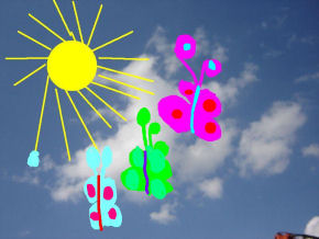 Himmel, Wolken  und selbst gestaltete Sonne und Schmetterlingen; © (BIBER) Schulen ans Netz