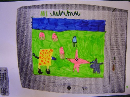 Kinderzeichnung des Medienhelden Spongebob im Fernseher; © (BIBER) Schulen ans Netz